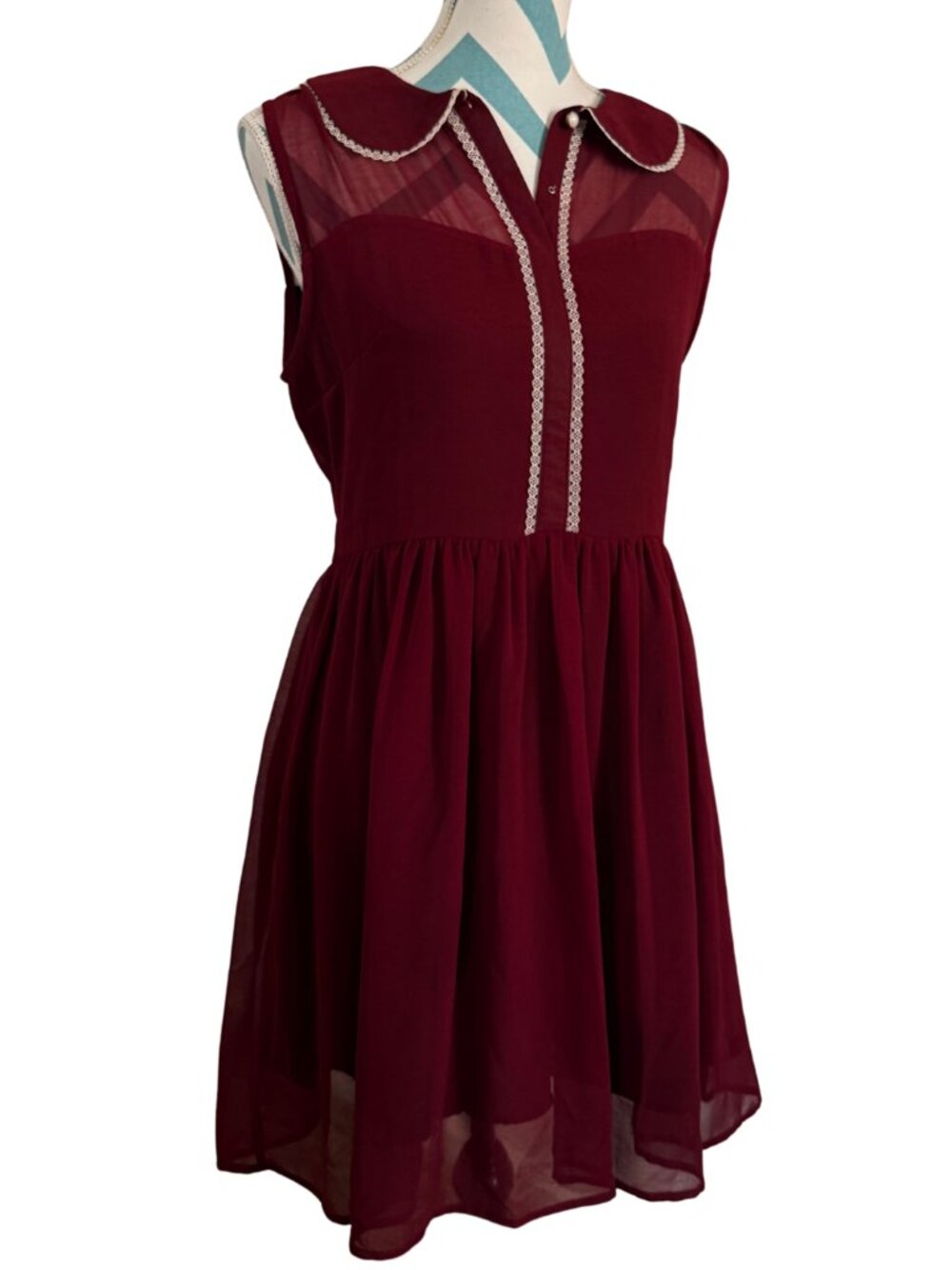 The Apricity Bordeaux | Chiffon Lace-Trim Peter Pan Collar Dress